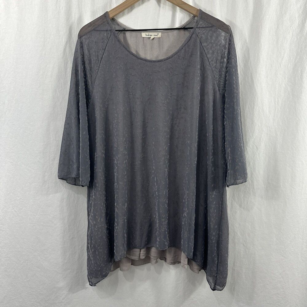 Indigo Soul Burnout Velvet Sheer Asymmetric Flowy Purple Tunic Top Womens Size L